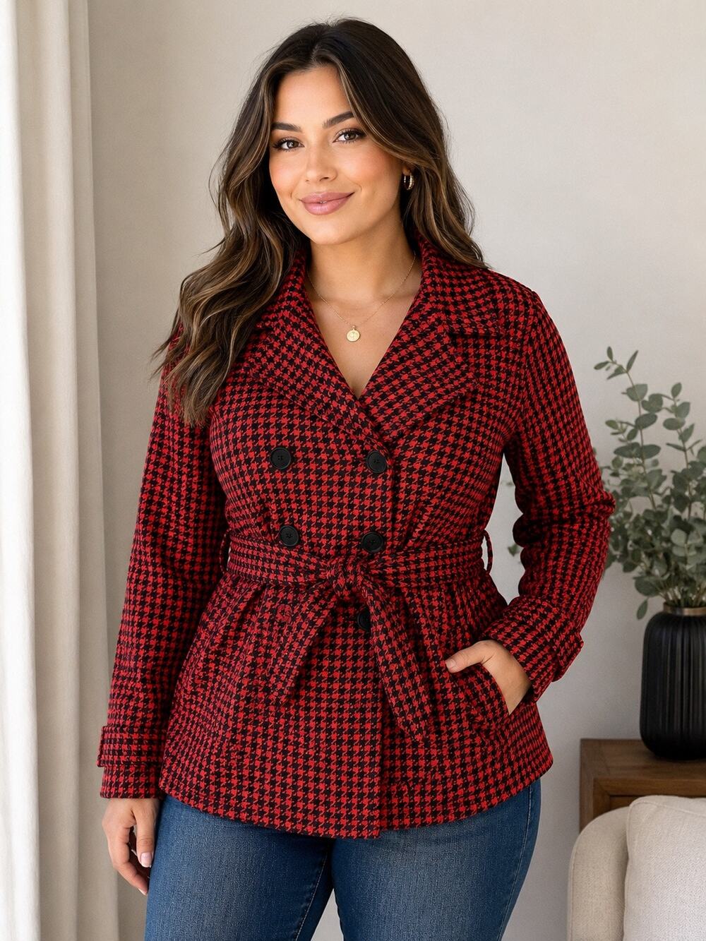 JouJou Double Breasted Houndstooth Jacket Red Black Belted Fall Winter Coat LG
